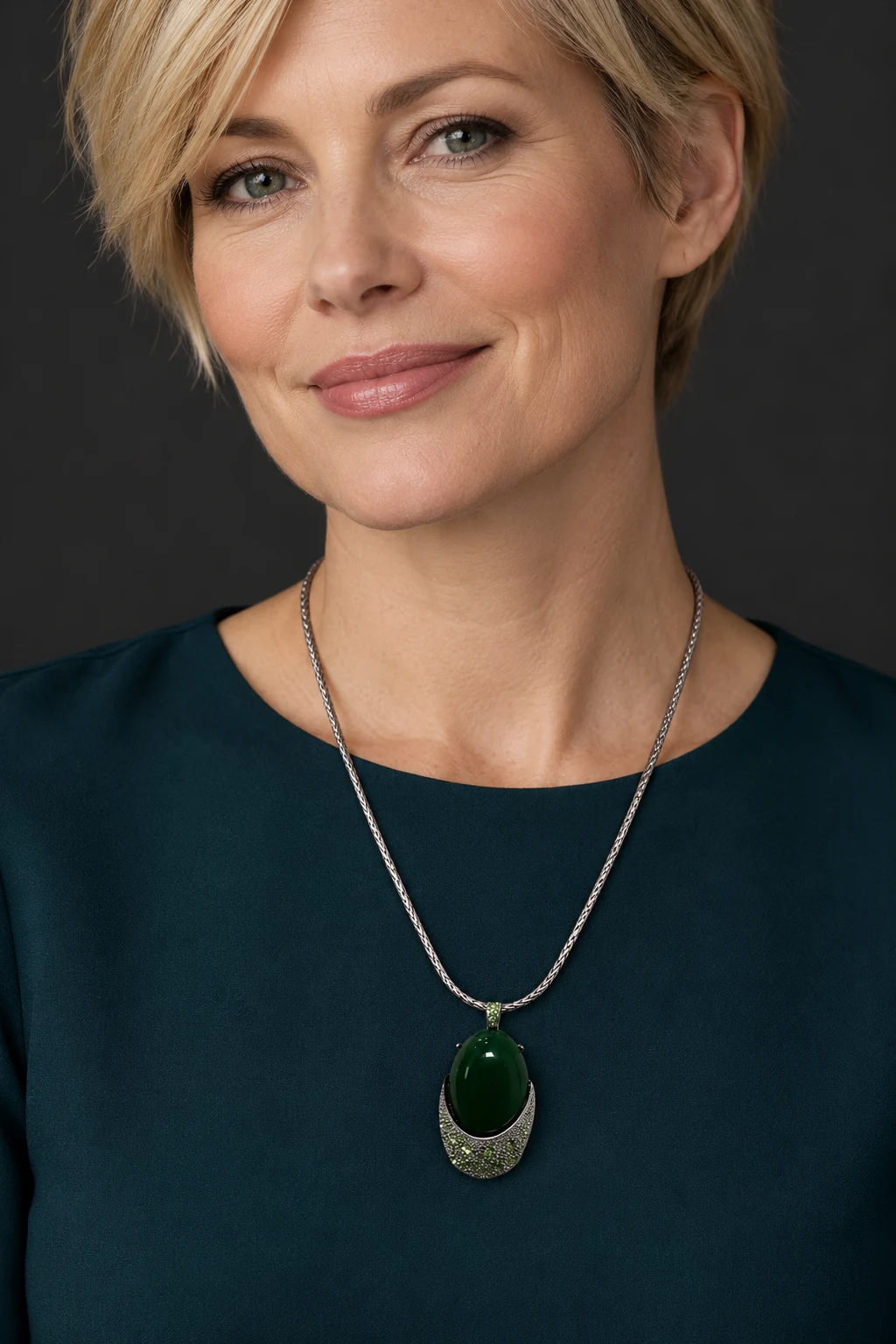 The Ariane Nocturne Green Necklace worn on a model — AI-generated styling preview