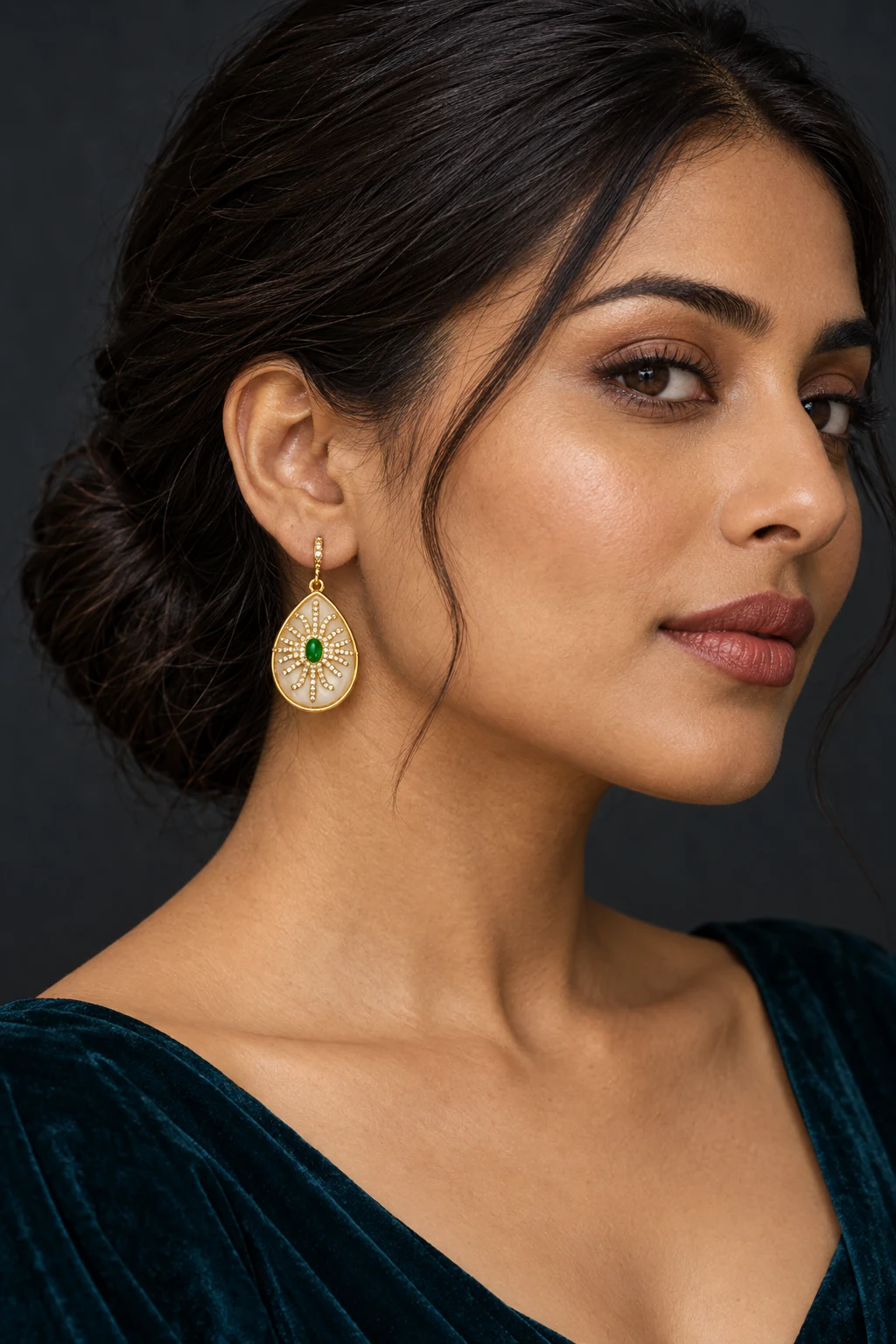 The Salomé Arabesque Earrings worn on a model — AI-generated styling preview