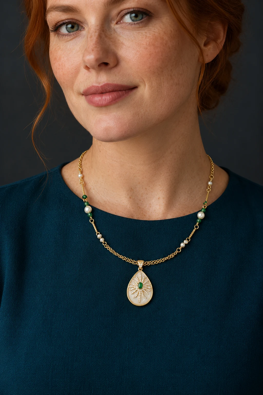The Salomé Arabesque Necklace worn on a model — AI-generated styling preview