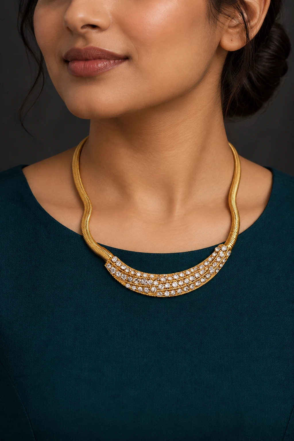 The Élise Arabesque Necklace worn on a model — AI-generated styling preview