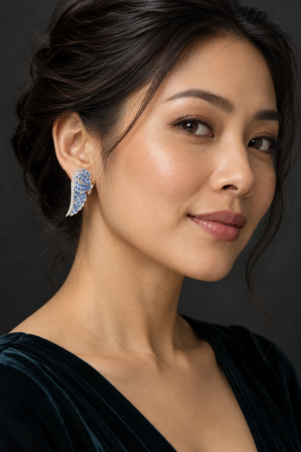 The Dahlia Poème Earrings worn on a model — AI-generated styling preview