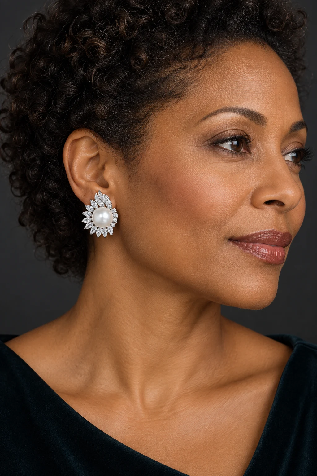 The Clarisse Nocturne White Earrings worn on a model — AI-generated styling preview