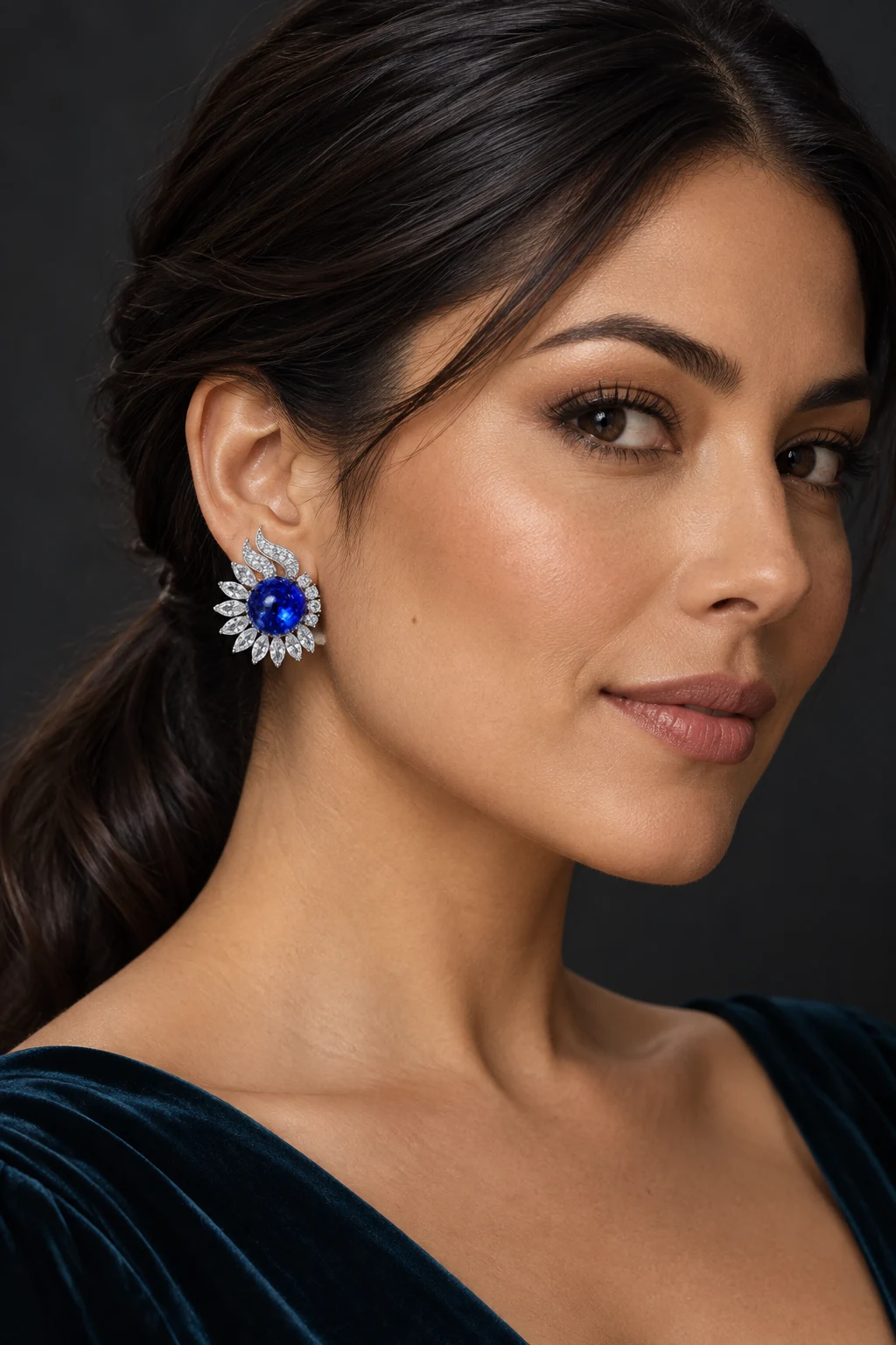The Clarisse Nocturne Blue Earrings worn on a model — AI-generated styling preview