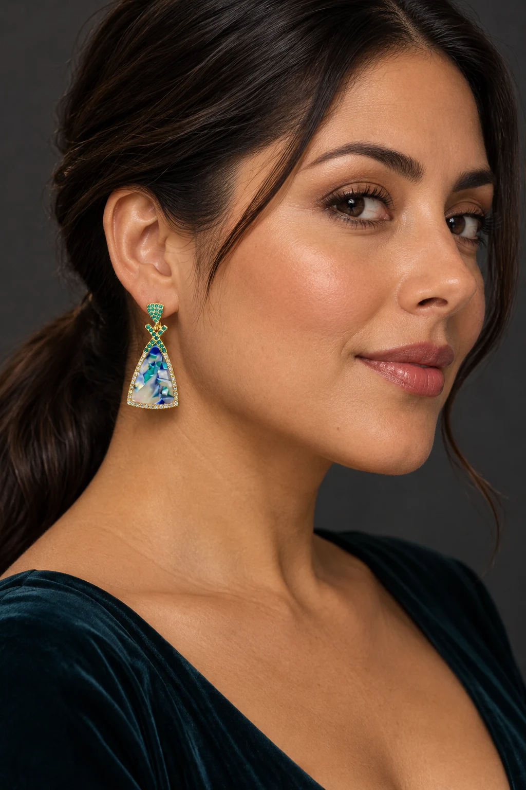 The Agnès Waltz Green Earrings worn on a model — AI-generated styling preview