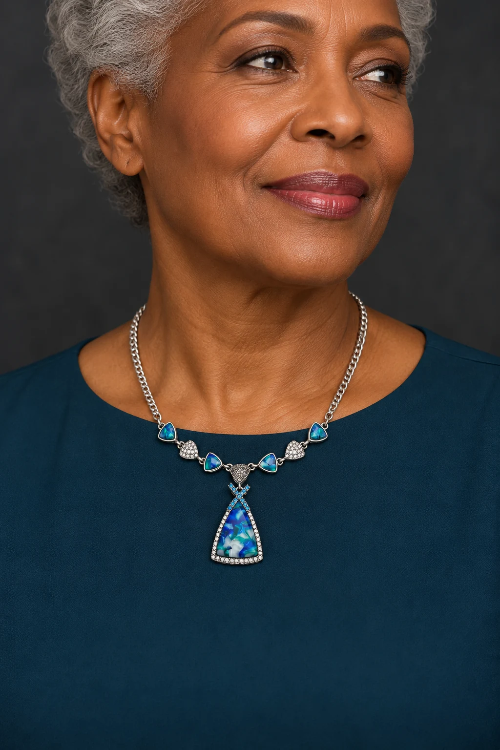 The Agnès Waltz Blue Necklace worn on a model — AI-generated styling preview