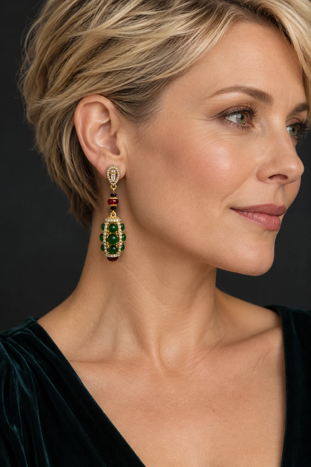 The Virginie Promenade Green Earrings worn on a model — AI-generated styling preview