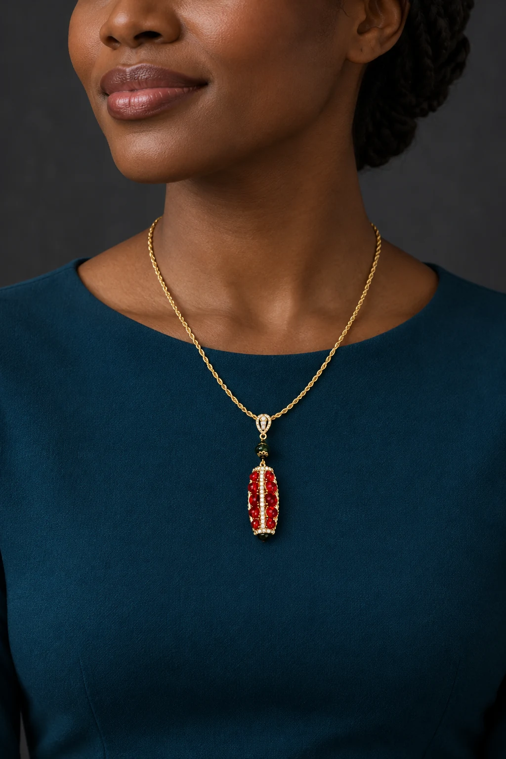 The Virginie Promenade Red Necklace worn on a model — AI-generated styling preview
