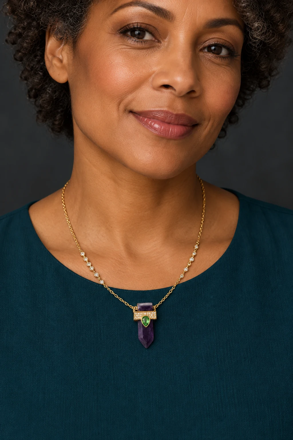 The Laure Fable Necklace worn on a model — AI-generated styling preview