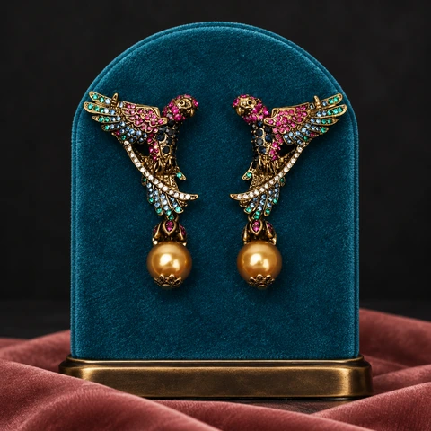 The Songbird Earrings on a jewelry display — AI-generated styling preview