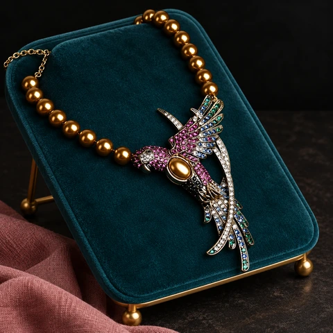 The Songbird Necklace on a jewelry display — AI-generated styling preview