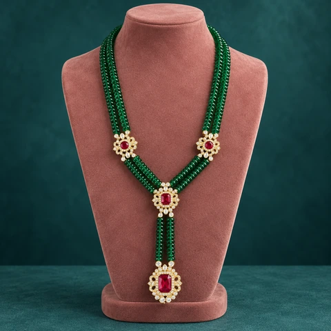 The Vivienne Green Necklace on a jewelry display — AI-generated styling preview