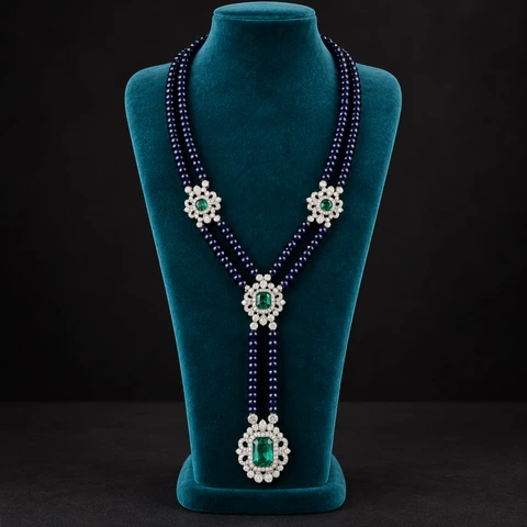 The Vivienne Midnight Blue Necklace on a jewelry display — AI-generated styling preview
