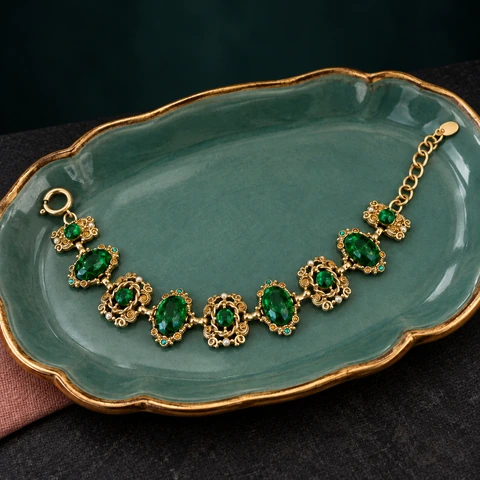 The Rosalie Green Bracelet on a jewelry display — AI-generated styling preview