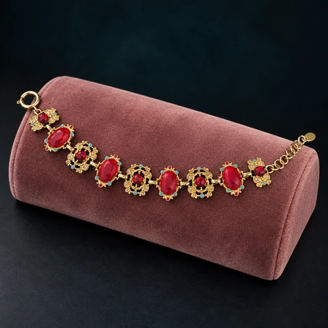 The Rosalie Red Bracelet on a jewelry display — AI-generated styling preview
