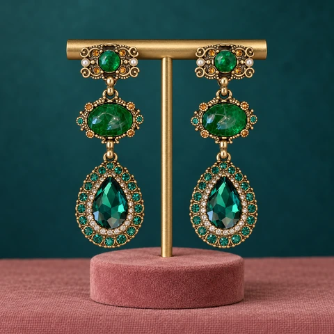 The Rosalie Green Earrings on a jewelry display — AI-generated styling preview