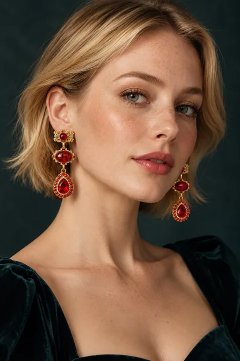 The Rosalie Red Earrings worn on a model — AI-generated styling preview