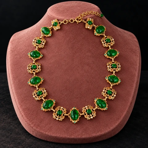 The Rosalie Green Necklace on a jewelry display — AI-generated styling preview