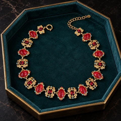 The Rosalie Red Necklace on a jewelry display — AI-generated styling preview