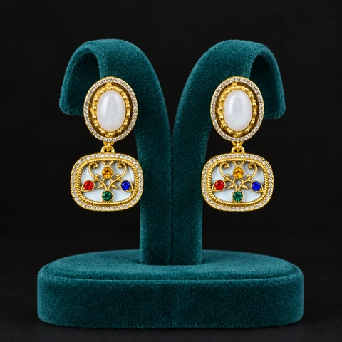 The Capri Earrings on a jewelry display — AI-generated styling preview