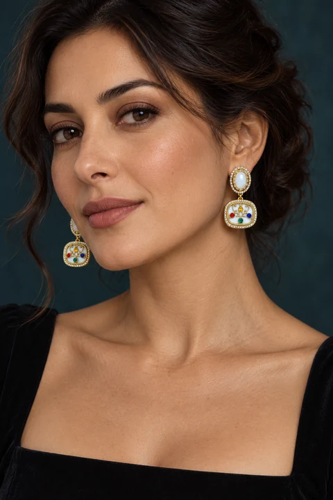 The Capri Earrings worn on a model — AI-generated styling preview