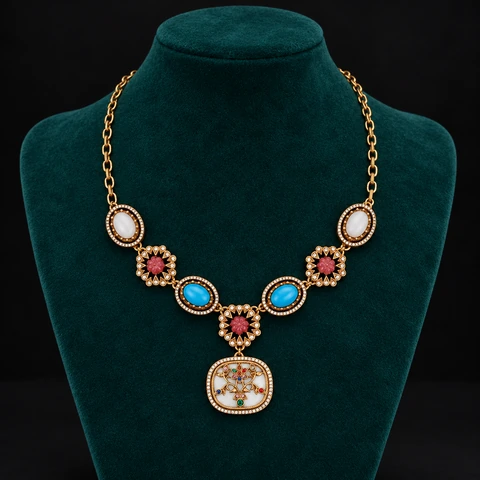 The Capri Necklace on a jewelry display — AI-generated styling preview