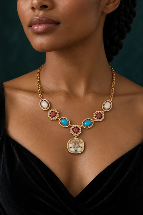 The Capri Necklace worn on a model — AI-generated styling preview