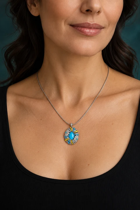 The Valentina Blue Necklace worn on a model — AI-generated styling preview
