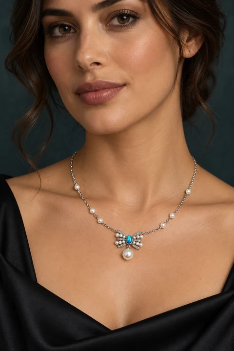 The Ophelia Blue Necklace worn on a model — AI-generated styling preview