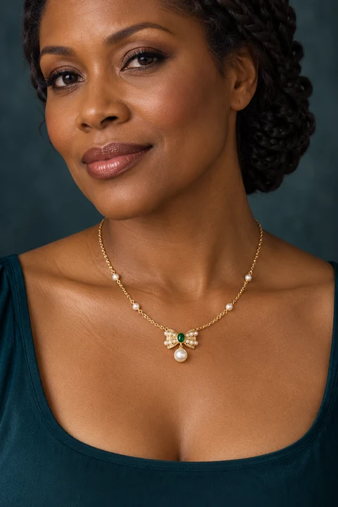 The Ophelia Green Necklace worn on a model — AI-generated styling preview