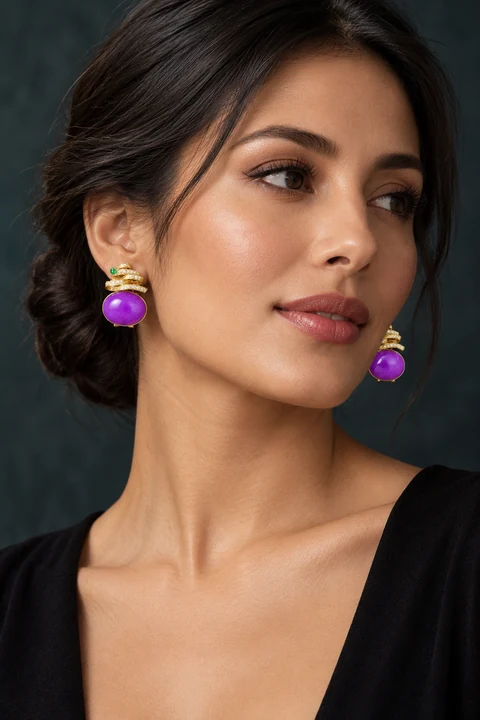 The Arabella Violet Earrings worn on a model — AI-generated styling preview