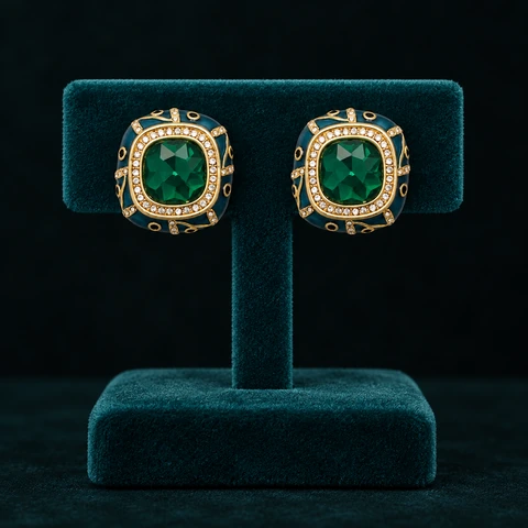 The Fleur de Lys Green Earrings on a jewelry display — AI-generated styling preview
