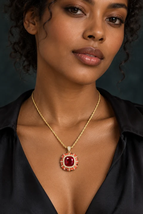 The Fleur de Lys Red Necklace worn on a model — AI-generated styling preview