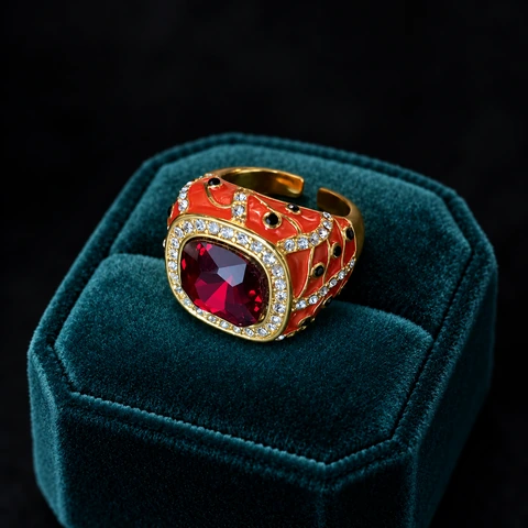 The Fleur de Lys Red Ring on a jewelry display — AI-generated styling preview