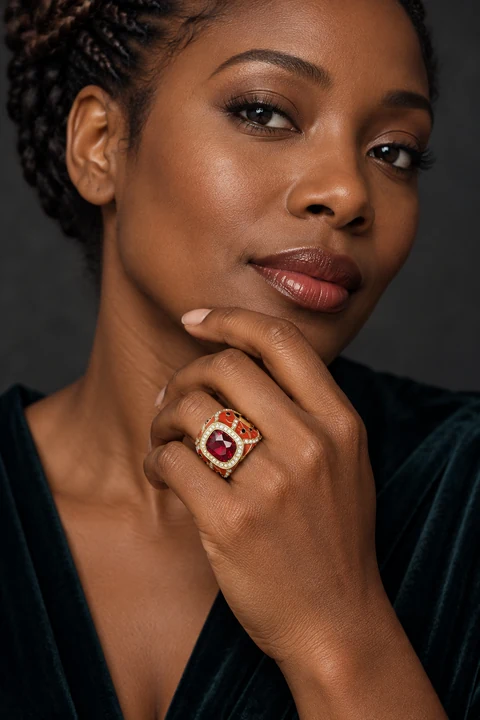 The Fleur de Lys Red Ring worn on a model — AI-generated styling preview