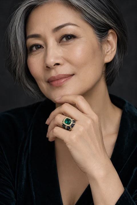 The Fleur de Lys Green Ring worn on a model — AI-generated styling preview