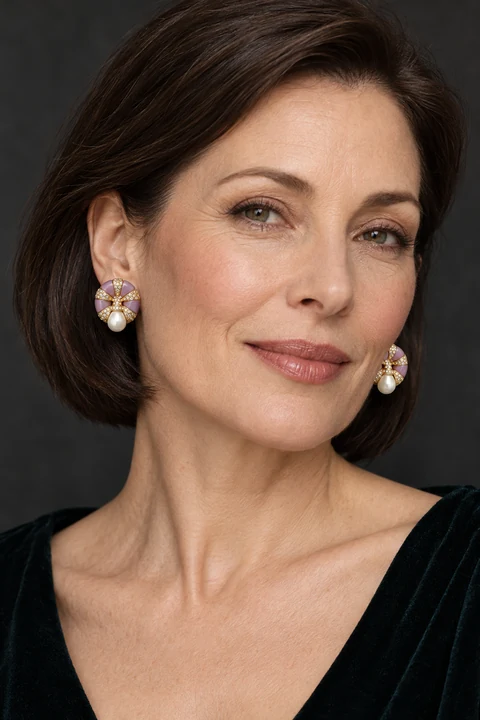 The Golden Reverie Violet Earrings worn on a model — AI-generated styling preview