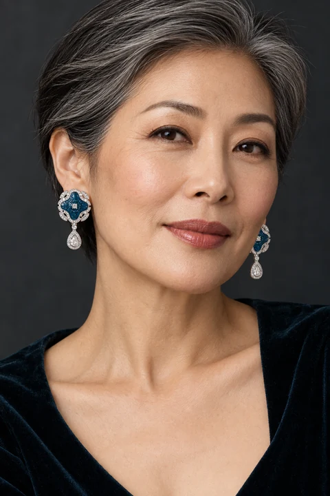 The Jardin Secret Blue Earrings worn on a model — AI-generated styling preview