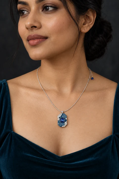 The Jardin Secret Blue Necklace worn on a model — AI-generated styling preview