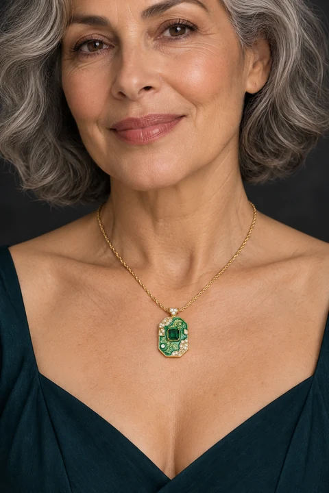 The Jardin Secret Green Necklace worn on a model — AI-generated styling preview