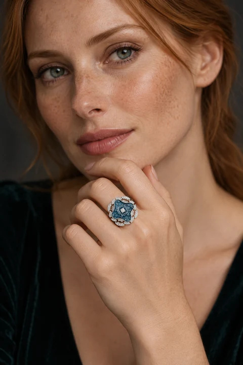 The Jardin Secret Blue Ring worn on a model — AI-generated styling preview