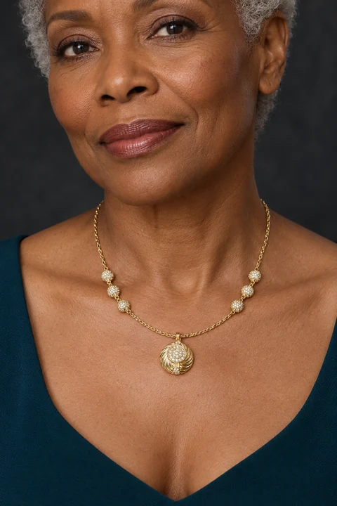 The Marguerite Necklace worn on a model — AI-generated styling preview