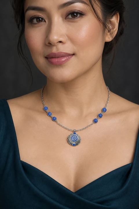 The Marguerite Blue Necklace worn on a model — AI-generated styling preview