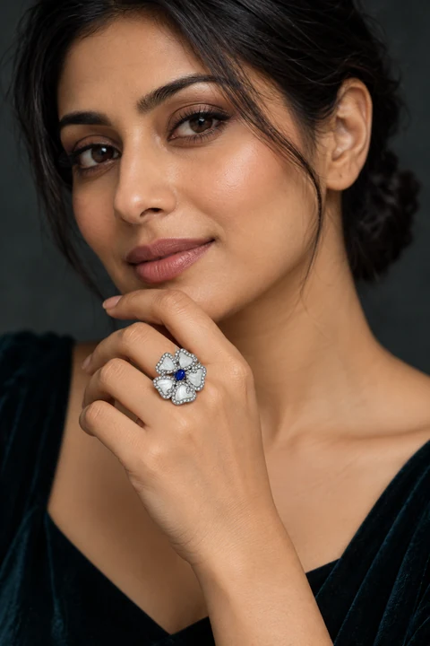 The Violette White Ring worn on a model — AI-generated styling preview