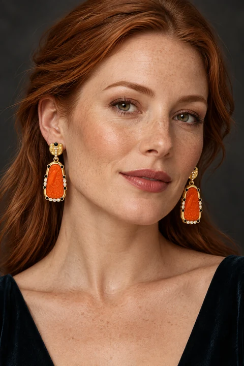The Colette Orange Earrings worn on a model — AI-generated styling preview