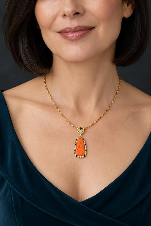 The Colette Orange Necklace worn on a model — AI-generated styling preview