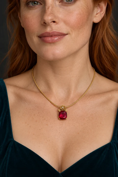 The Geneviève Necklace worn on a model — AI-generated styling preview