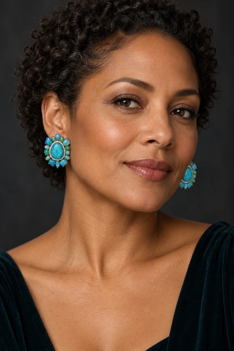 The Rosaline Earrings worn on a model — AI-generated styling preview