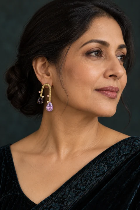 The Alma Rhapsody Earrings worn on a model — AI-generated styling preview