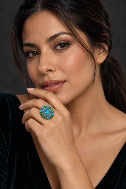 The Rosaline Ring worn on a model — AI-generated styling preview
