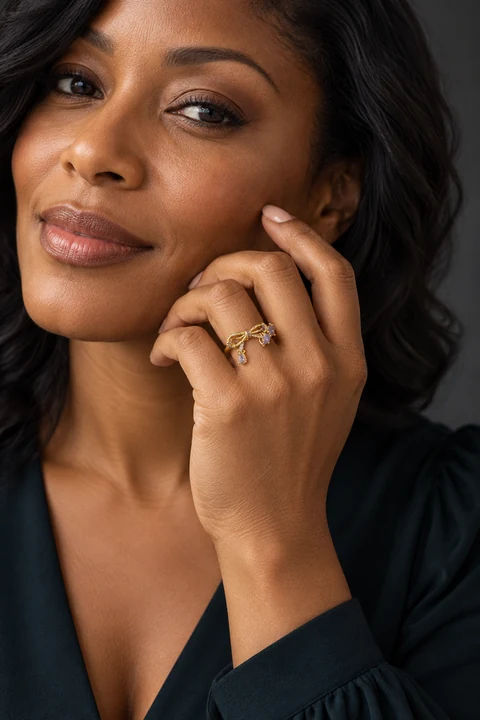 The Jasmine Fable Ring worn on a model — AI-generated styling preview